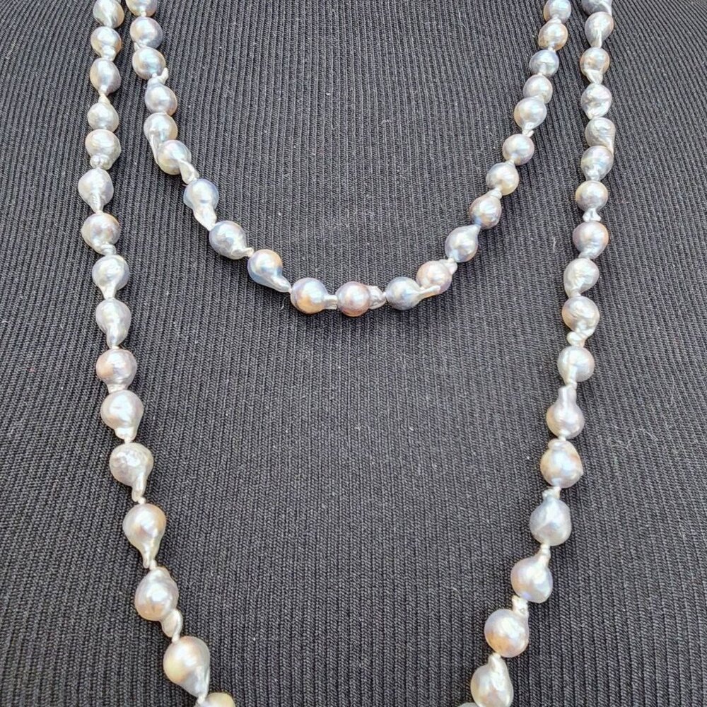 Tahitian South Seas Silver Blue Baroque Pearl Necklace 48" - Picture 3 of 6